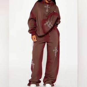 FN- Plus Brown/Burg w/Bling Cross-Patterned,OvrSzd, Fleece Tracksuit Sz.3X=22/24